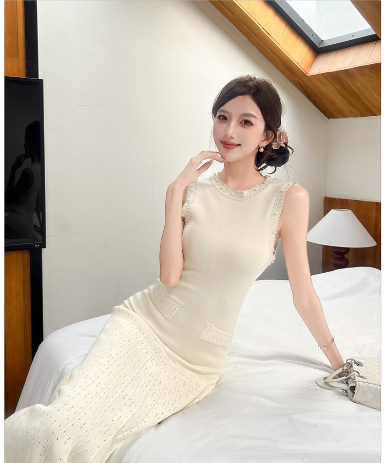 Beading sleeveless dress knitted France style long dress