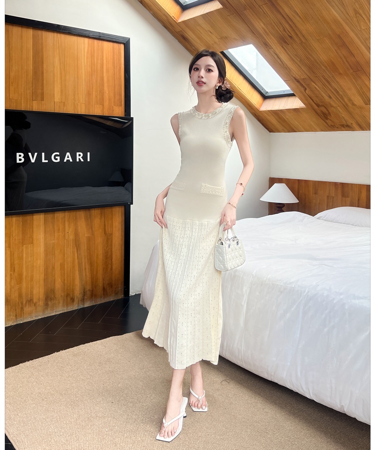 Beading sleeveless dress knitted France style long dress
