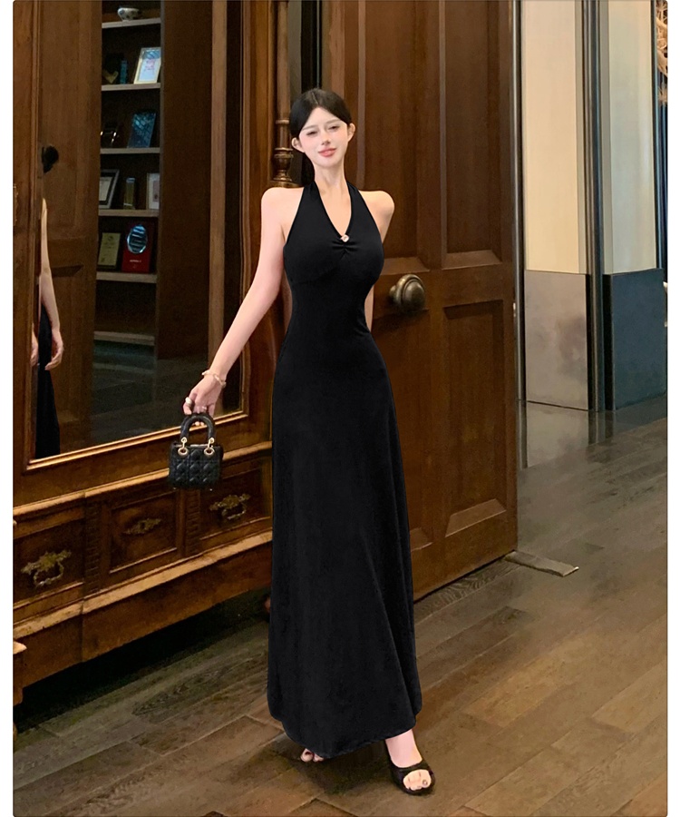 Pinched waist halter dress summer V-neck long dress