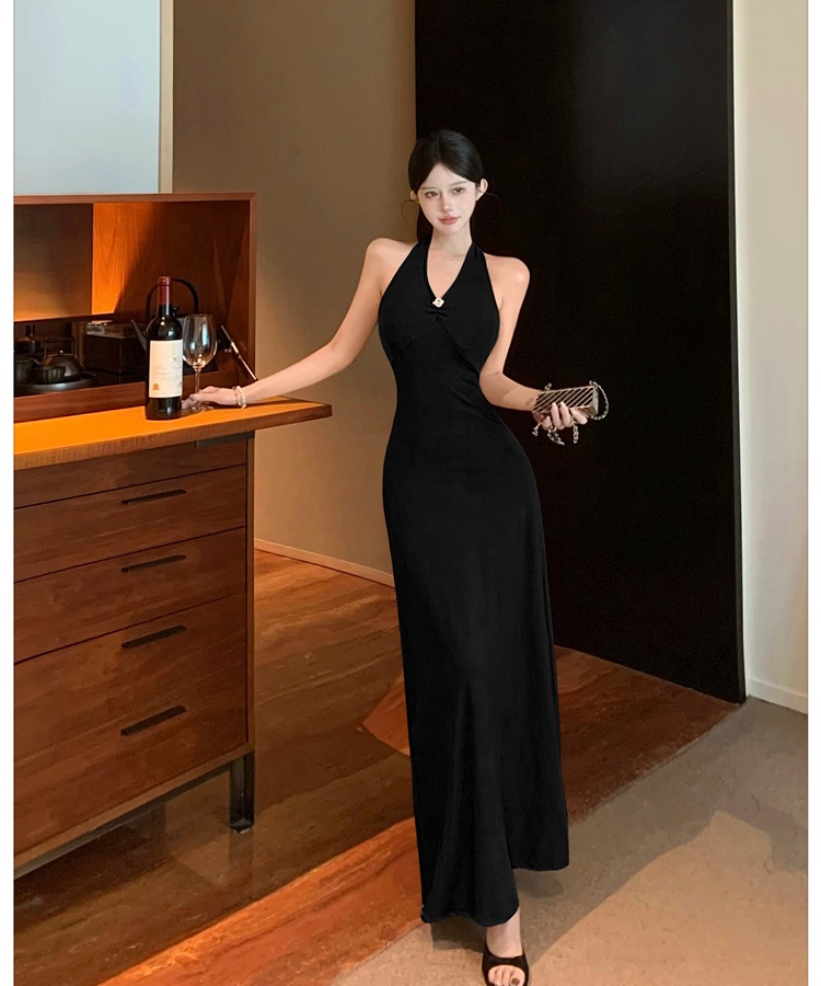 Pinched waist halter dress summer V-neck long dress
