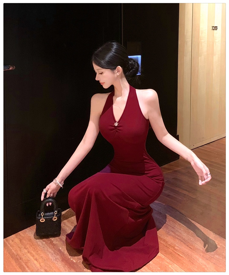 Pinched waist halter dress summer V-neck long dress
