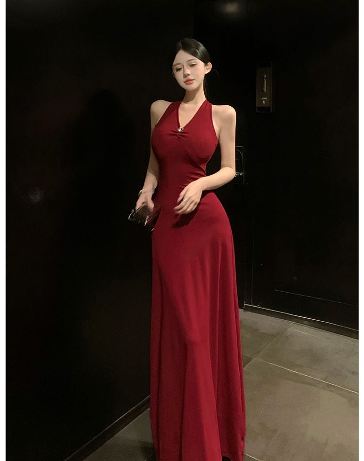 Pinched waist halter dress summer V-neck long dress
