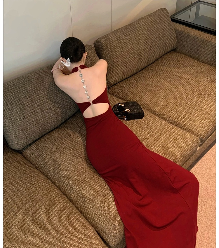 Pinched waist halter dress summer V-neck long dress