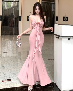 Sexy V-neck temperament long spicegirl pinched waist dress