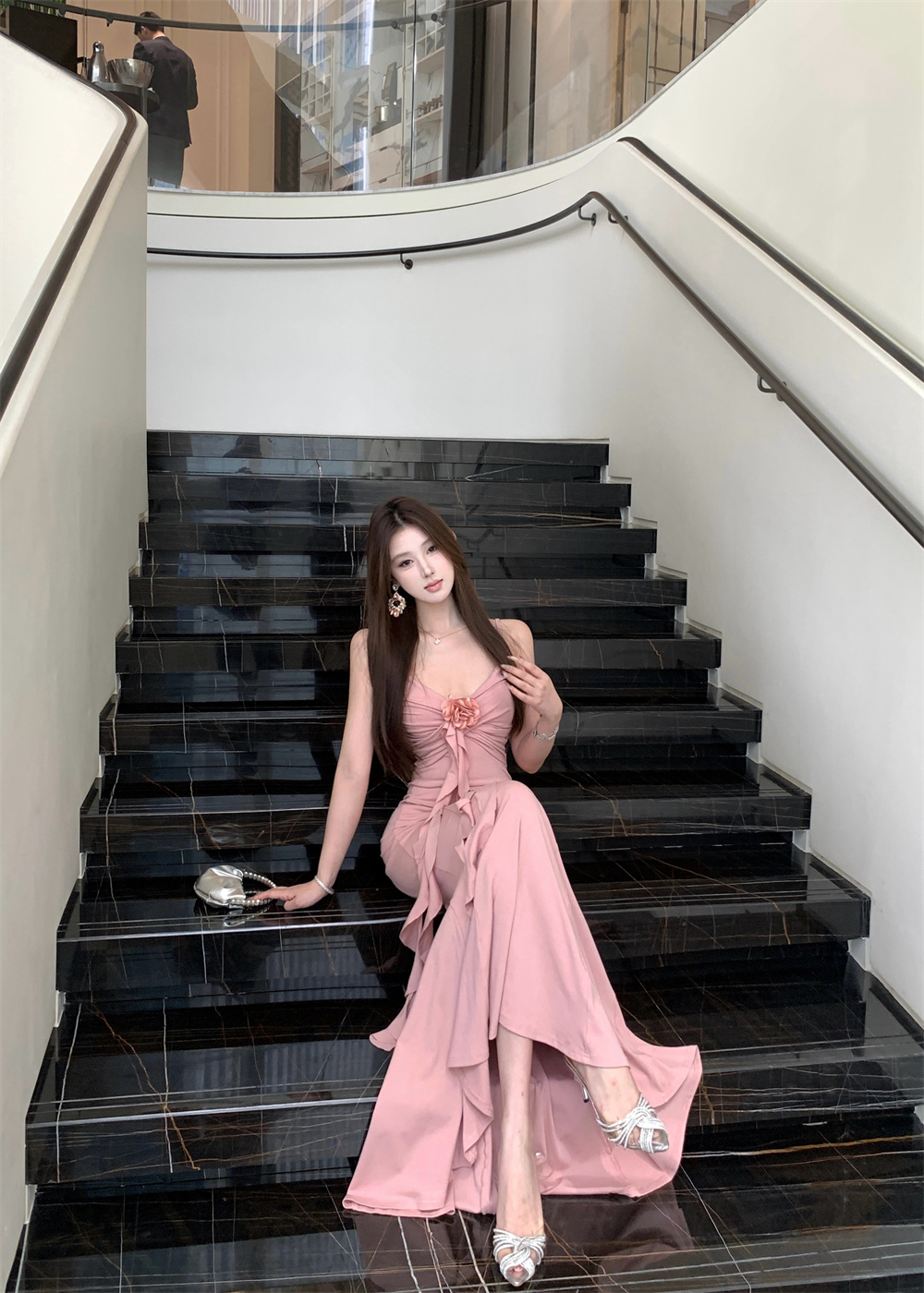 Sexy V-neck temperament long spicegirl pinched waist dress