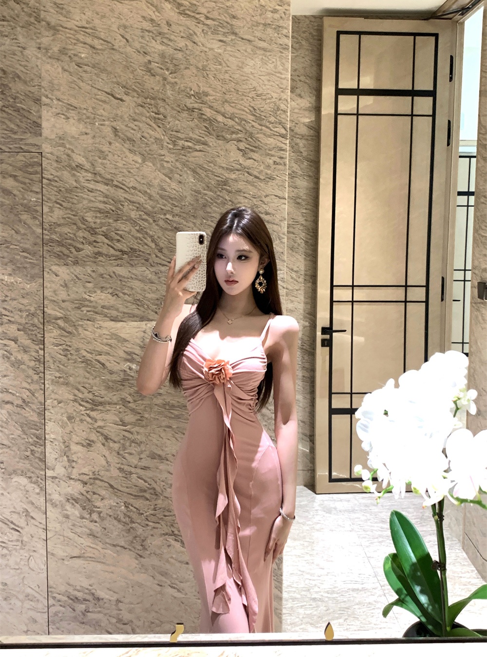 Sexy V-neck temperament long spicegirl pinched waist dress