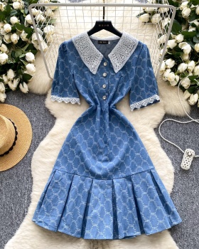 Retro crochet summer dress plaid lapel long dress for women