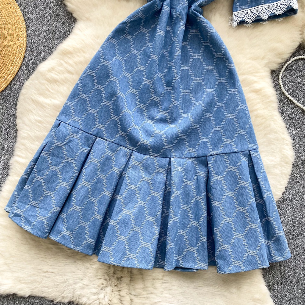 Retro crochet summer dress plaid lapel long dress for women