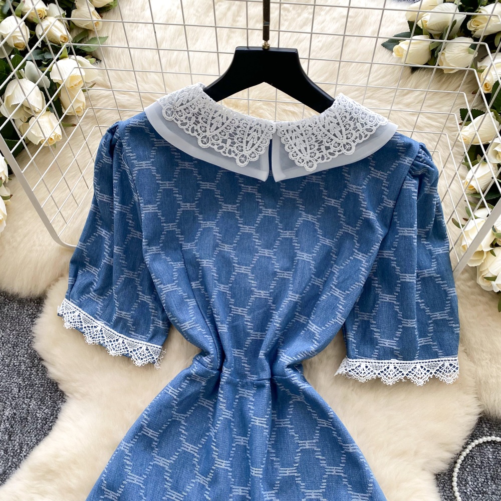 Retro crochet summer dress plaid lapel long dress for women