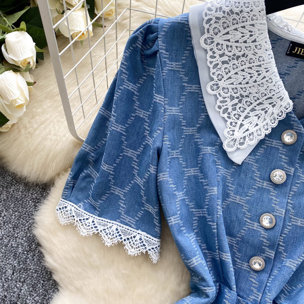 Retro crochet summer dress plaid lapel long dress for women