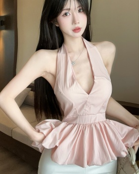 Lotus leaf edges V-neck pinched waist France style bud tops