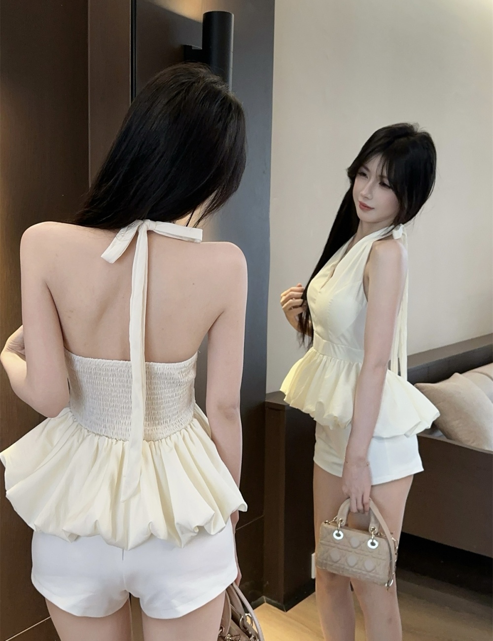 Lotus leaf edges V-neck pinched waist France style bud tops