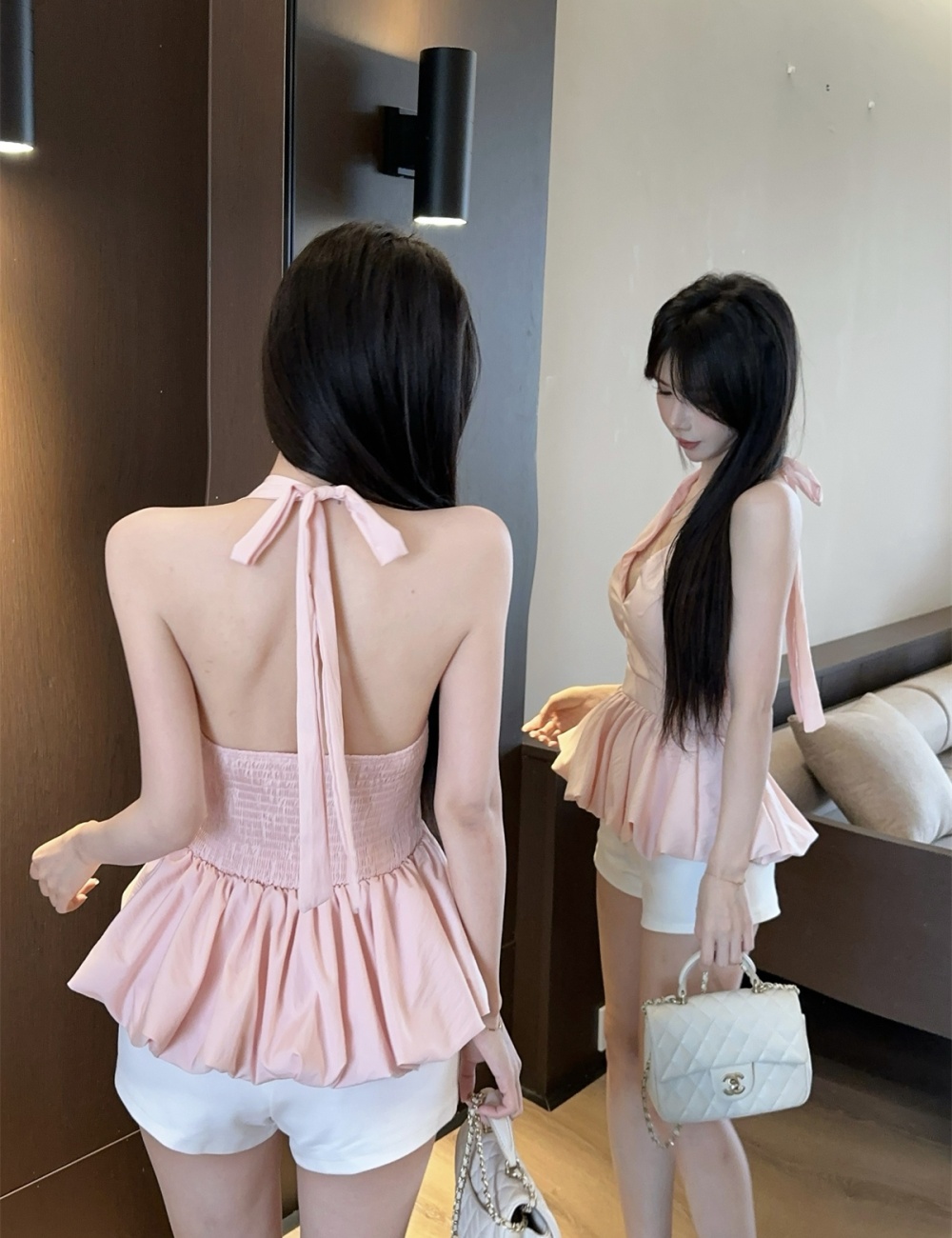 Lotus leaf edges V-neck pinched waist France style bud tops