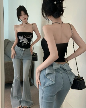 Letters tops kitty jeans 2pcs set for women