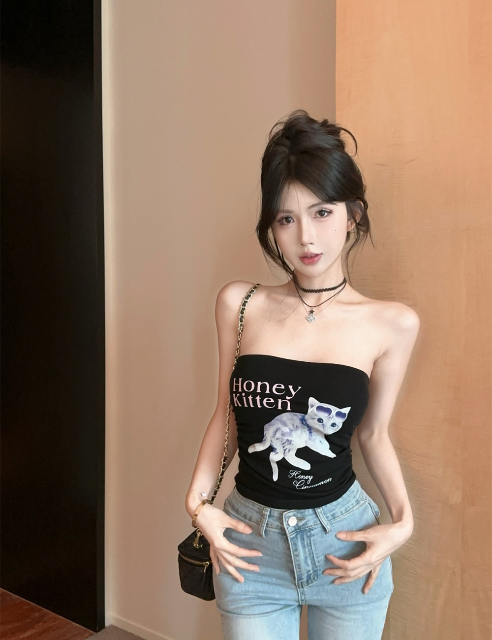 Letters tops kitty jeans 2pcs set for women