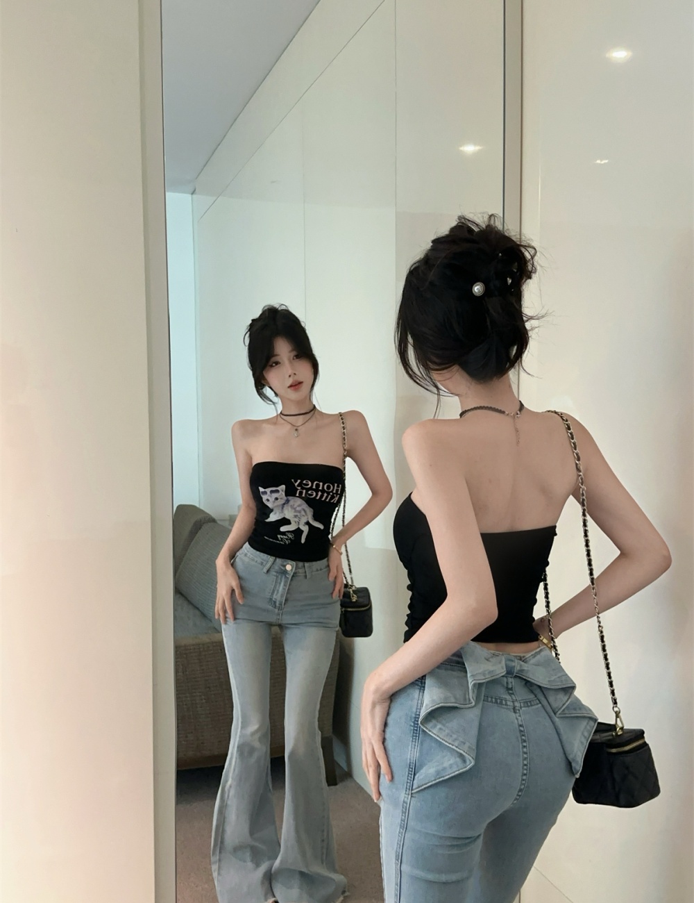 Letters tops kitty jeans 2pcs set for women