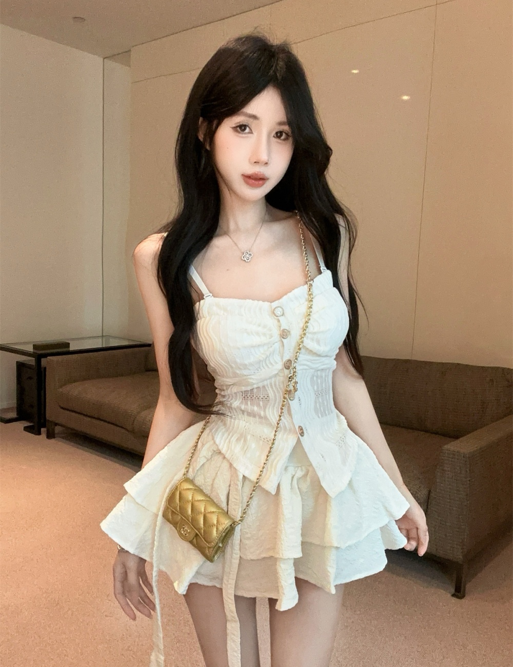 Summer France style skirt sling tops 2pcs set for women
