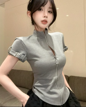 Zip sports diamond T-shirt retro slim tops
