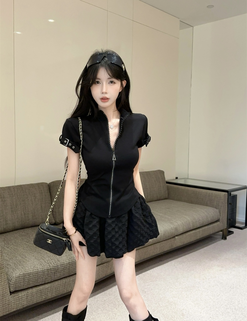 Zip sports diamond T-shirt retro slim tops