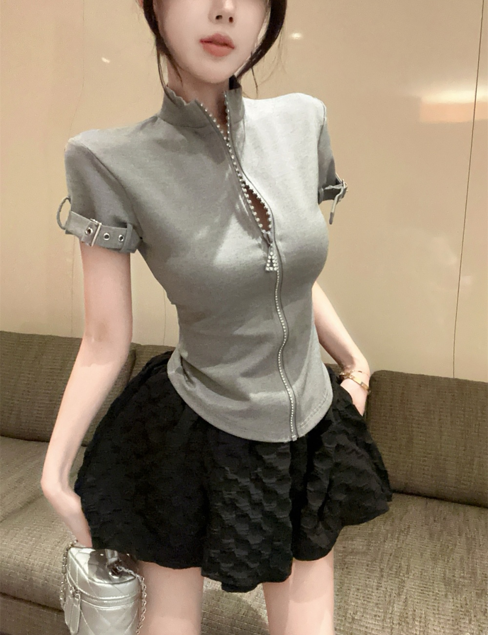 Zip sports diamond T-shirt retro slim tops