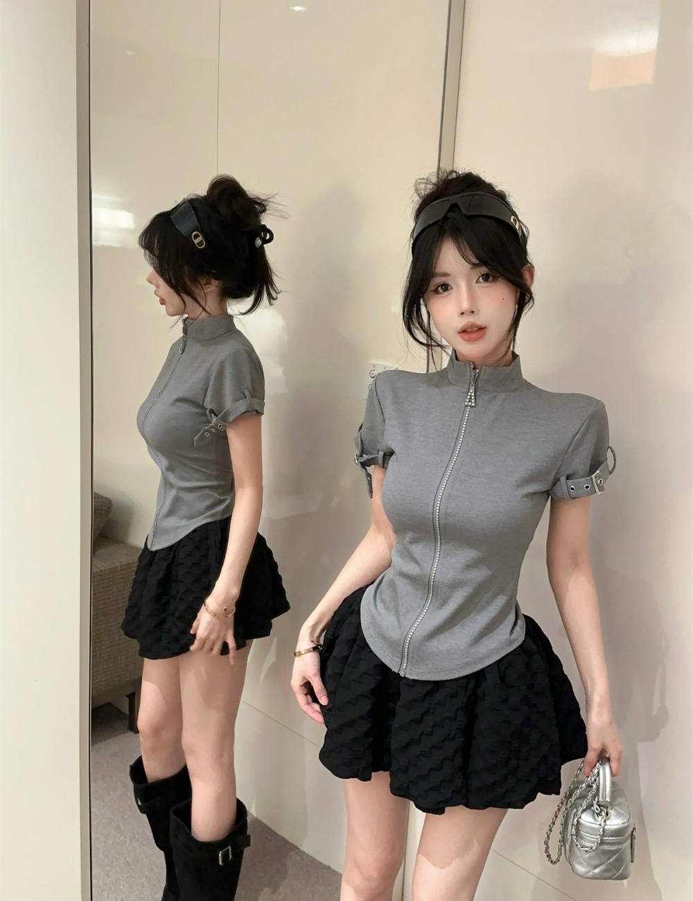Zip sports diamond T-shirt retro slim tops