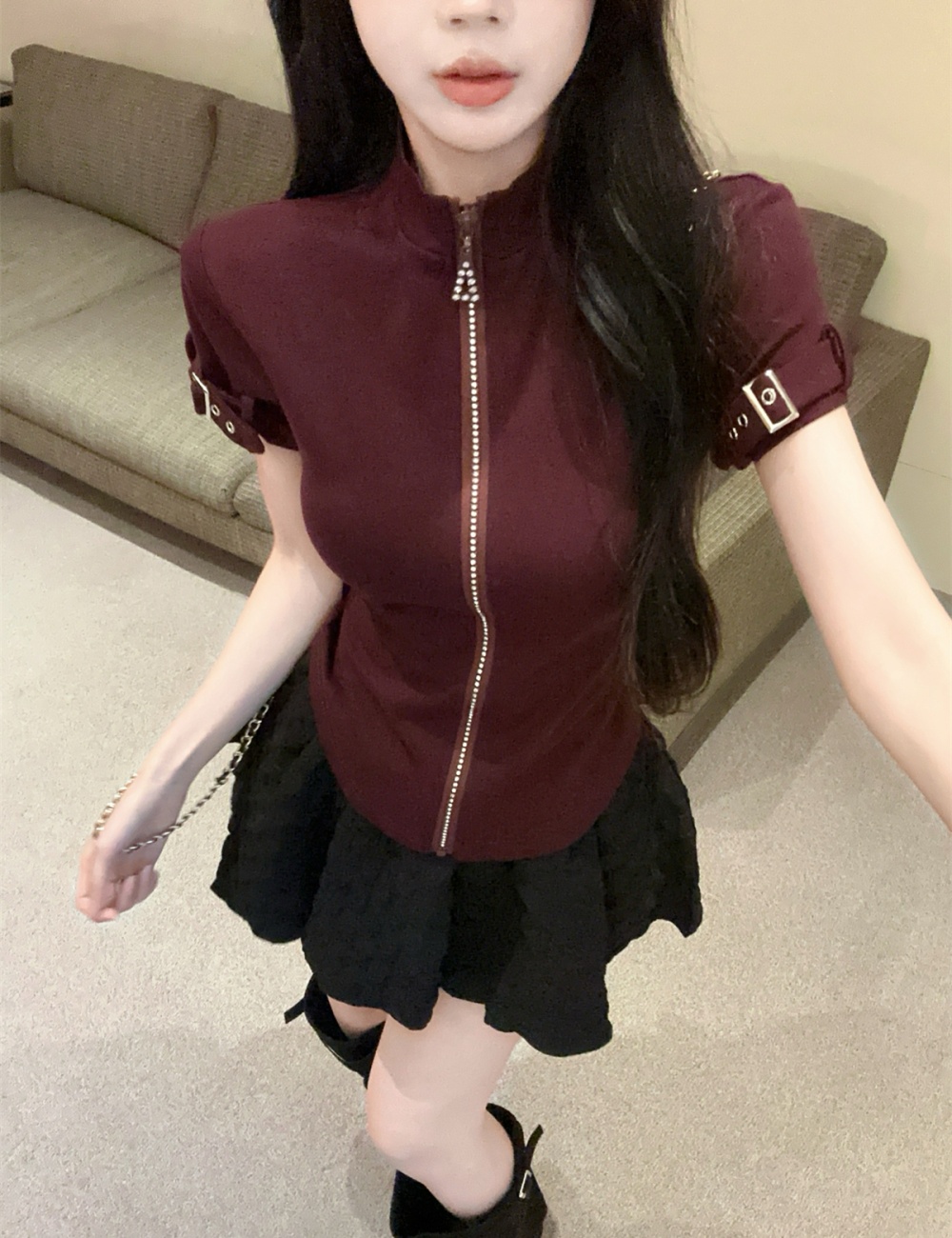 Zip sports diamond T-shirt retro slim tops