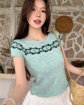 Summer short short sleeve raglan sleeve jacquard retro sweater