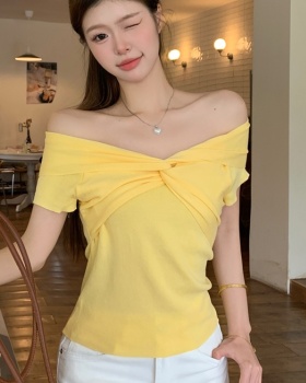 Slim enticement short sleeve unique flat shoulder sweater