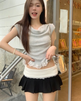 Temperament splice skirt lace high waist tops 2pcs set