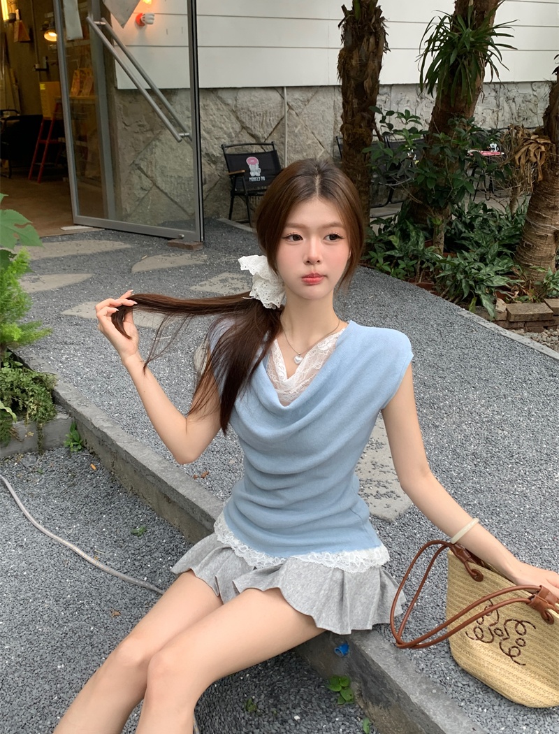 Temperament splice skirt lace high waist tops 2pcs set