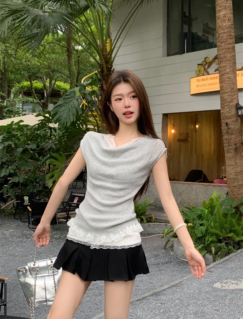 Temperament splice skirt lace high waist tops 2pcs set