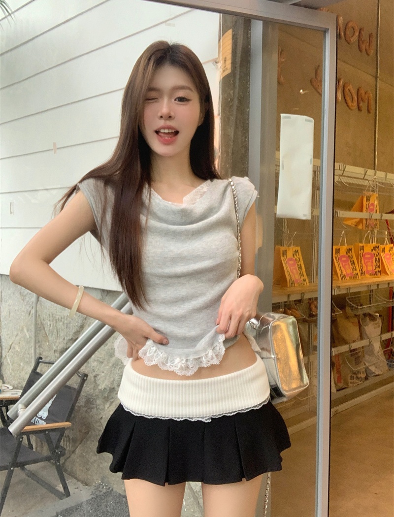 Temperament splice skirt lace high waist tops 2pcs set