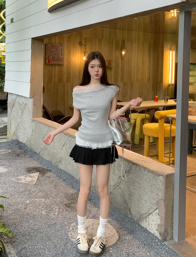 Temperament splice skirt lace high waist tops 2pcs set