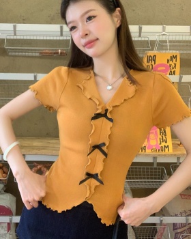 Niche wood ear tops bow short sleeve sweater for women
