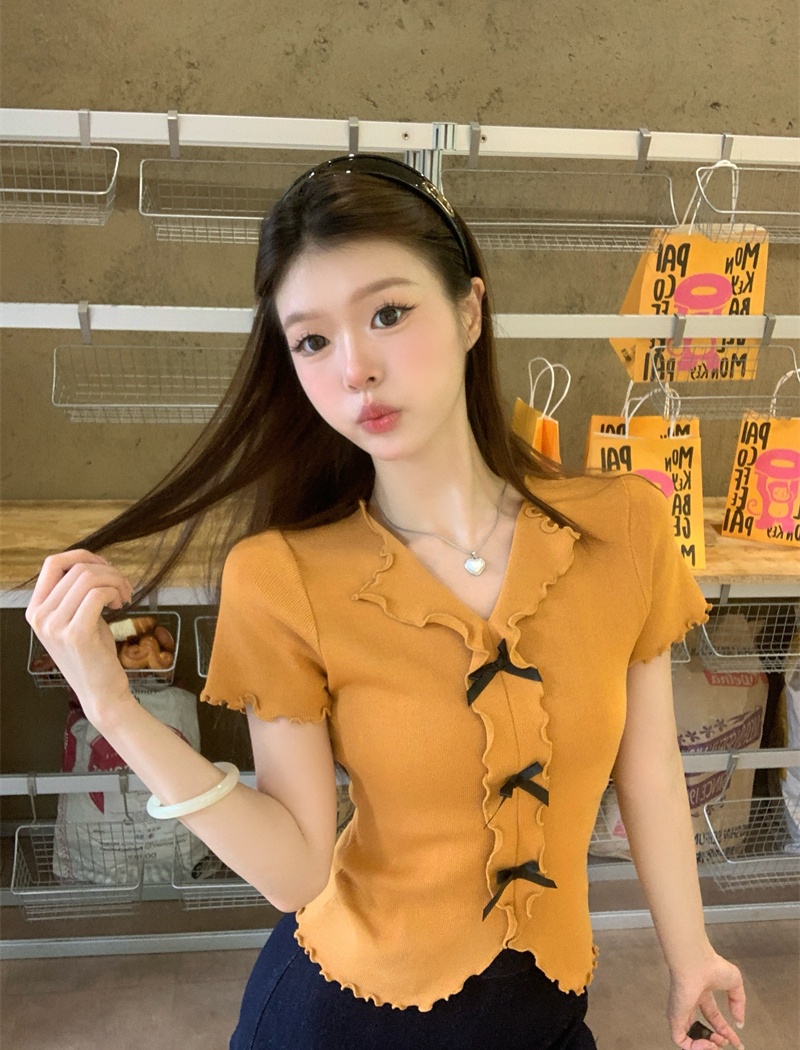 Niche wood ear tops bow short sleeve sweater for women