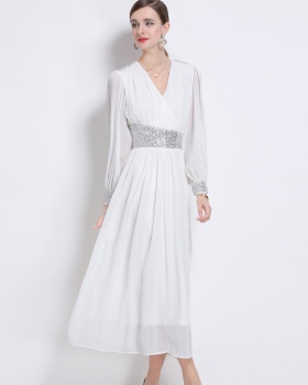 Temperament long sleeve long dress puff sleeve dress