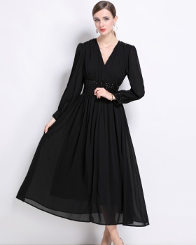 Pinched waist long sleeve dress temperament long dress