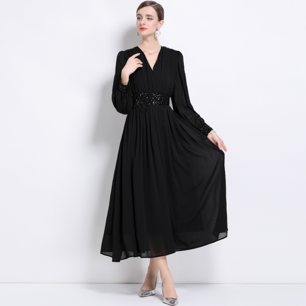 Pinched waist long sleeve dress temperament long dress