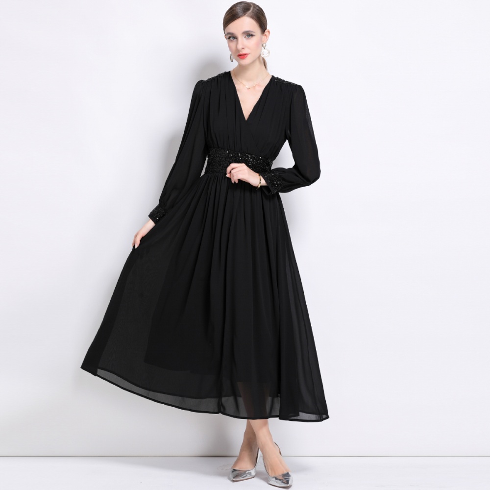 Pinched waist long sleeve dress temperament long dress