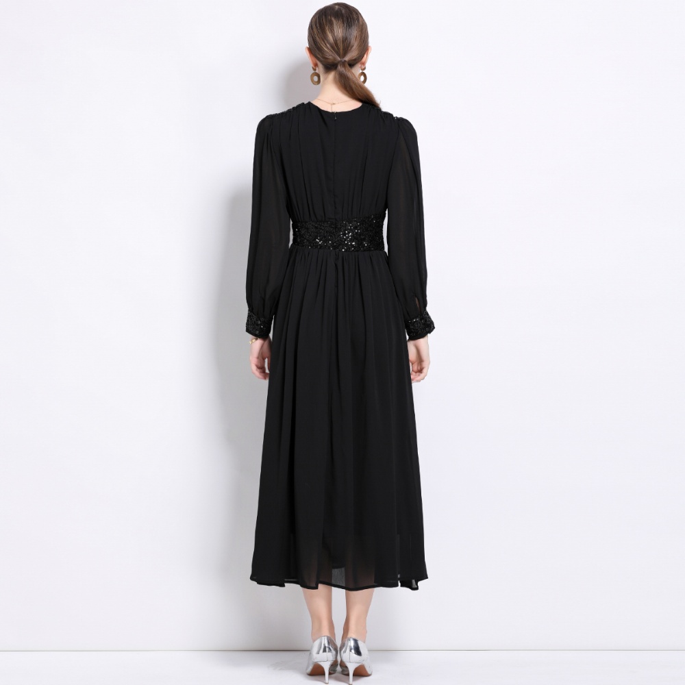 Pinched waist long sleeve dress temperament long dress