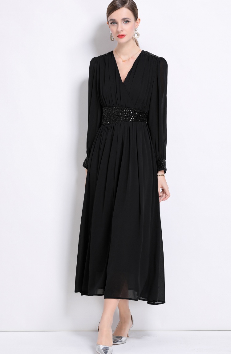 Pinched waist long sleeve dress temperament long dress