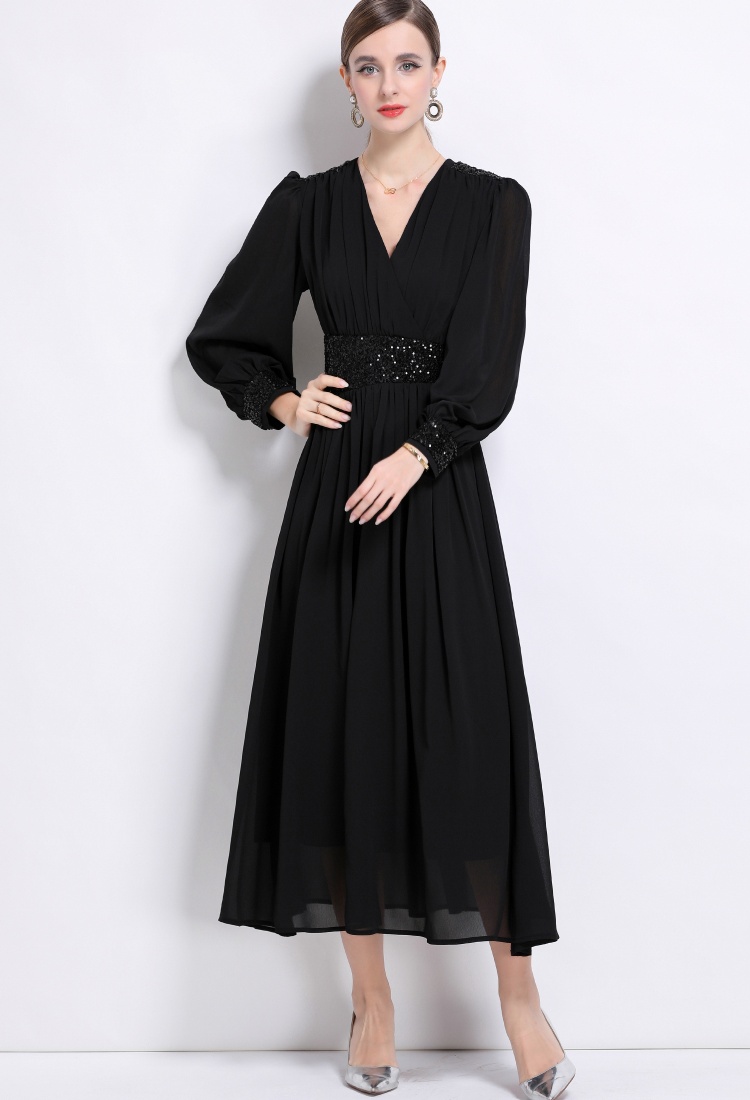 Pinched waist long sleeve dress temperament long dress