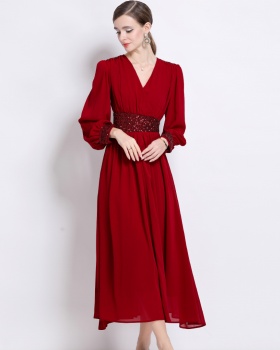 Temperament puff sleeve dress sequins A-line long dress