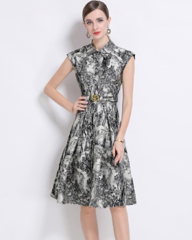 Single-breasted jacquard with belt dress ink elegant long dress