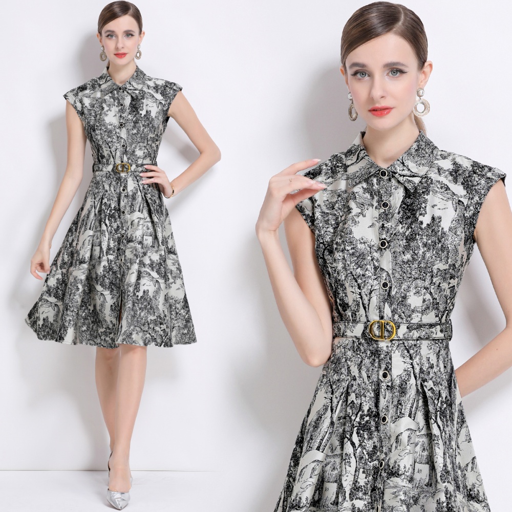 Single-breasted jacquard with belt dress ink elegant long dress