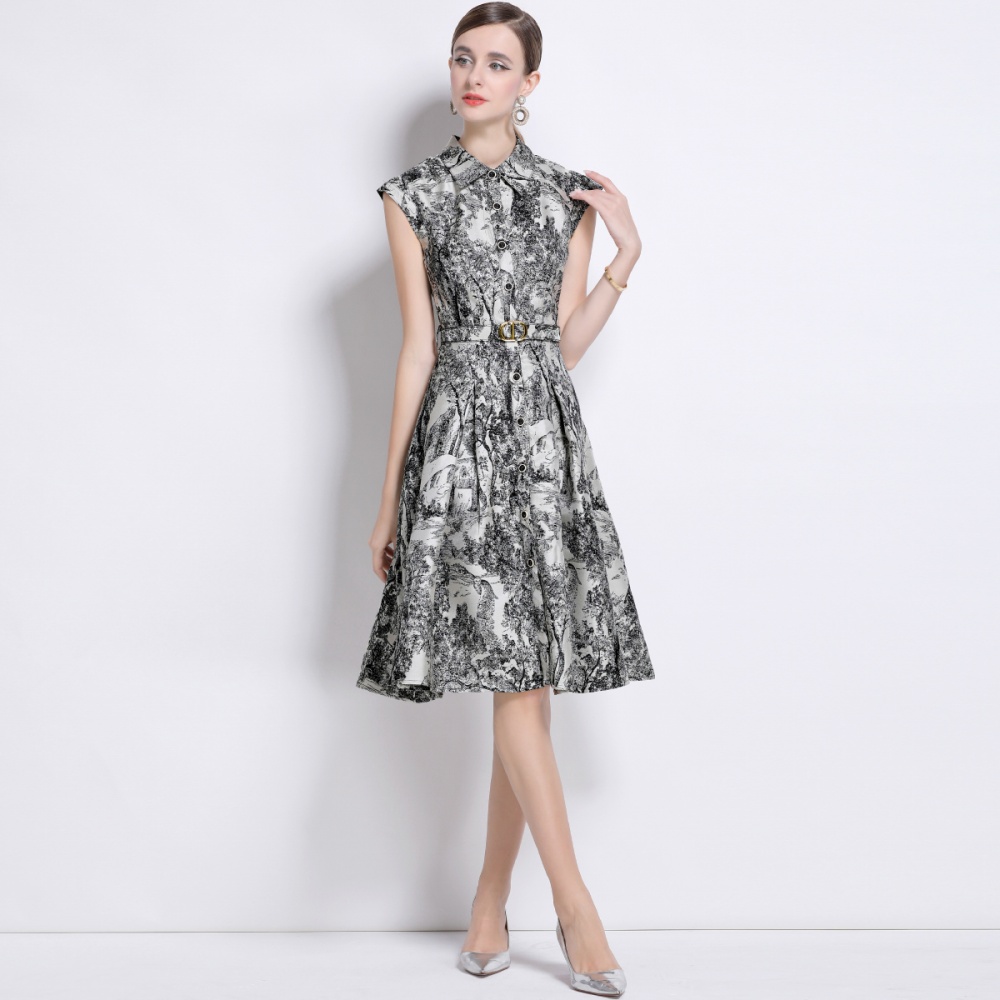 Single-breasted jacquard with belt dress ink elegant long dress