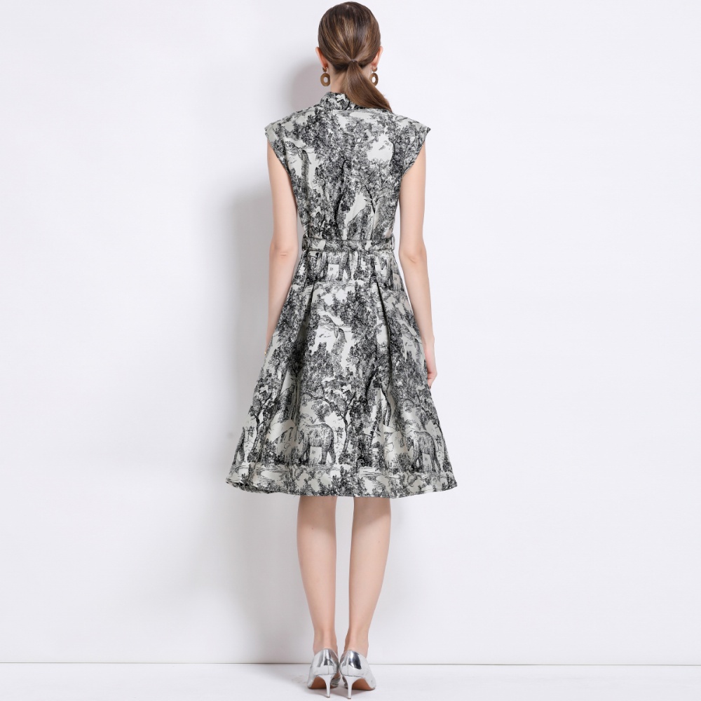 Single-breasted jacquard with belt dress ink elegant long dress