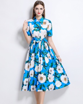 Halter slim printing lapel gauze long dress