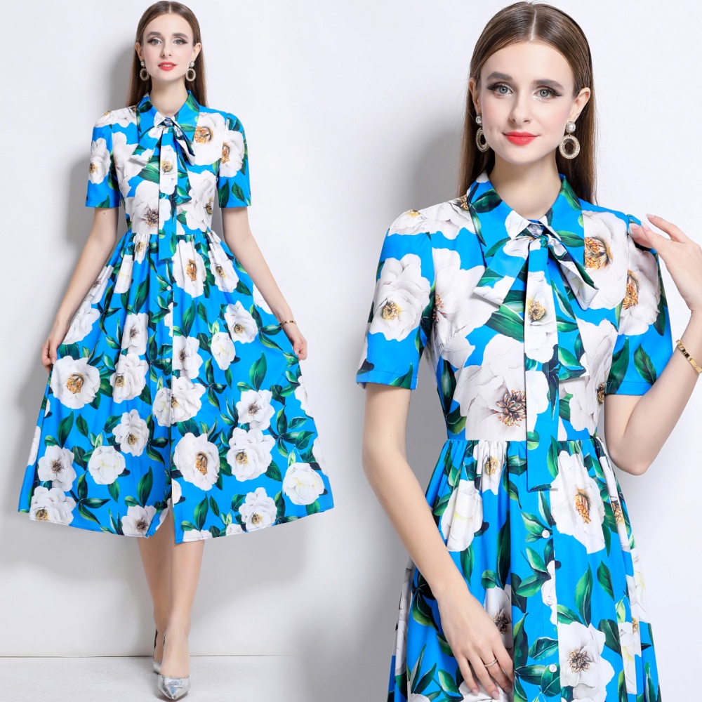 Halter slim printing lapel gauze long dress