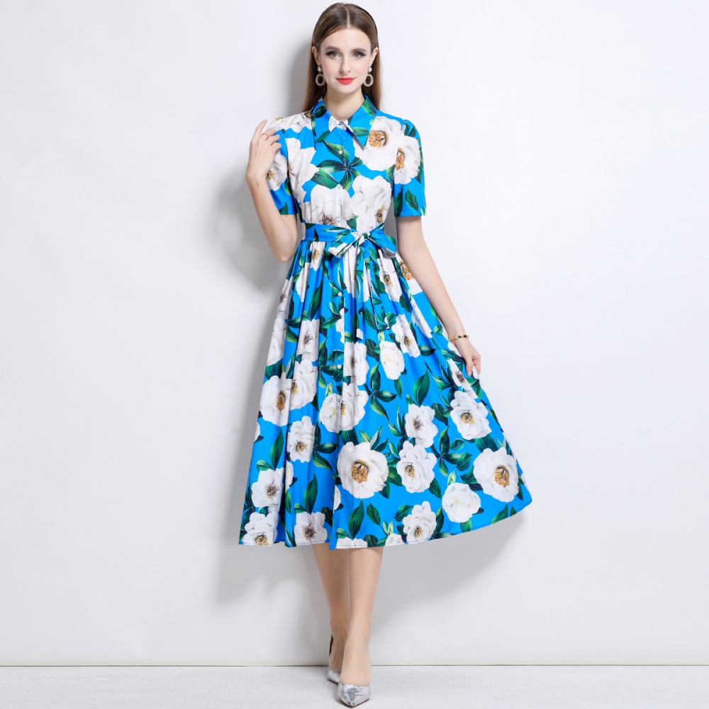 Halter slim printing lapel gauze long dress